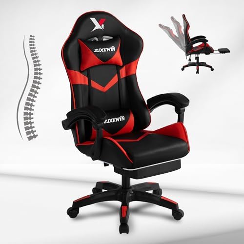 Ergonomic Gaming Chair, High Back PU Leather Office Chair with Footrest, Adjustable Lumbar Support & Headrest, 360° Swivel Computer Chair for Adults, Red & Black