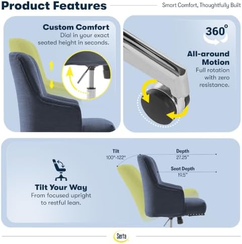 Serta Home Office Desk Chair with Low Padded Arms, Vanity Chair for Bedroom