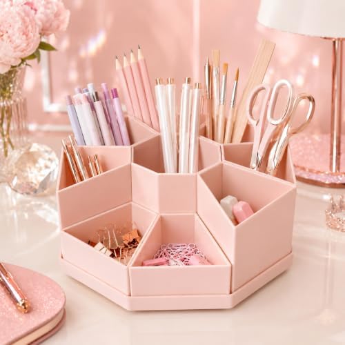 MODENZ 360° Rotating Pencil Holder, Sturdy Non-slip, 9-Grid Smart Compartments, Pen and Art Supply Holder for Office, Home, and Classroom, Makeup Brush Organizer (Pink)