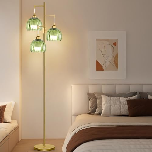 ZECOXOL Gold Floor Lamps for Living Room-3 Light Brass Floor Lamp with Three Bulbs & Glass Lampshape, Mid Century Modern Standing Lamp Tree Tall Flower Floor Lamp for Bedroom Living Room,Corner