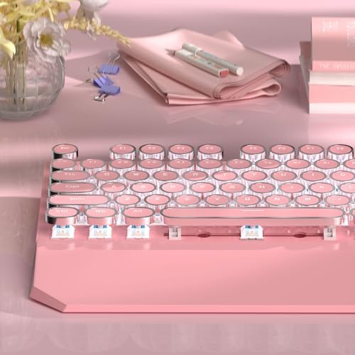 MageGee Typewriter Mechanical Gaming Keyboard, Retro Punk Pink Round Keycaps, 104 Keys LED White Backlit Wired Keyboards for Laptop MAC PC Gamer, with Magnetic Wrist Rest, Blue Switch