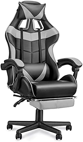 Huracan Gaming Chair with Footrest, Ergonomic Computer Chair Lumbar Support, Adjustable High Back Recliner for Adults, Racing Style Video Gaming Chairs, for Home Office Streaming, Grey
