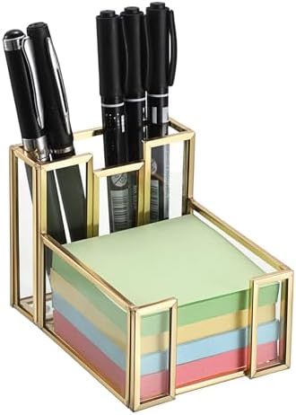 BTSKY Golden Glass 3x3 Inch Sticky Note Holder with Pen Slot