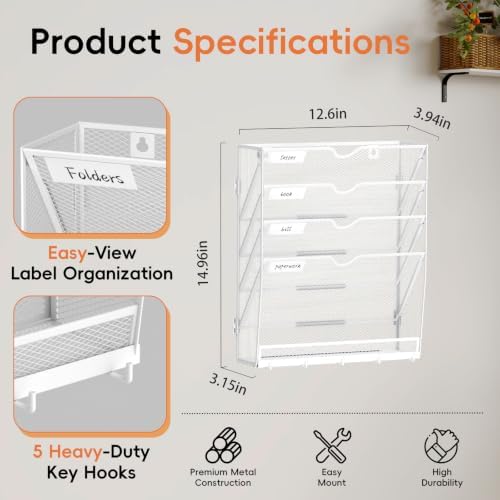 Wall File Holder Hanging Wall File Organizer, Wall Mount Mail Holder and Paper Organizer with Bottom Shelf & 5 Hooks for Office Home School (5-Tier White)