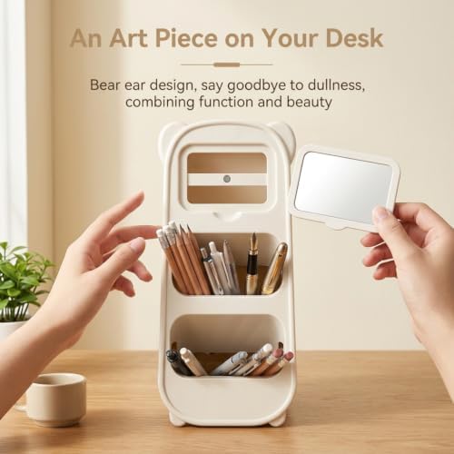 Cute Bear Pen Holder for Desk with Detachable Magnetic Mirror, Aesthetic Cream White Desk Organizer, 2-Compartment Pencil Cup Storage for Office & School