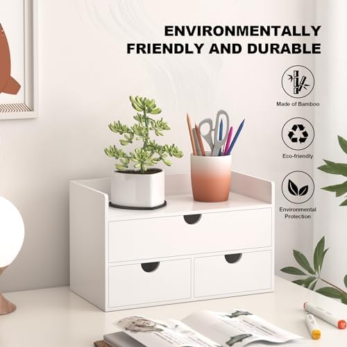 Bamboo Desk Organizer with Drawers Desktop Storage Drawers for Bills Office Supplies Kitchen Utensils Organizing Tool for Home Classroom Organization No Assembly (White with Shelf)