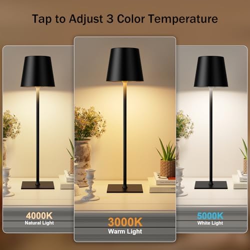 Kakanuo Black Cordless Rechargeable Table Lamp, 2 Pack Portable Desk Lamp with 5000mAh Battery, Touch Control Stepless Dimming, Wireless Night Light for Dining, Outdoor Camping, Coffee Shop