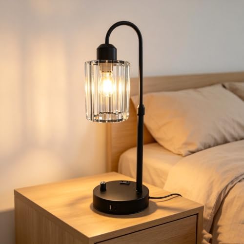 Black Crystal Table Lamp, Adjustable Height Stepless Dimmable Desk Lamp with USB Charging Port & AC Power Outlet, Metal Base Bedside Lamp for Bedroom Office Living Room