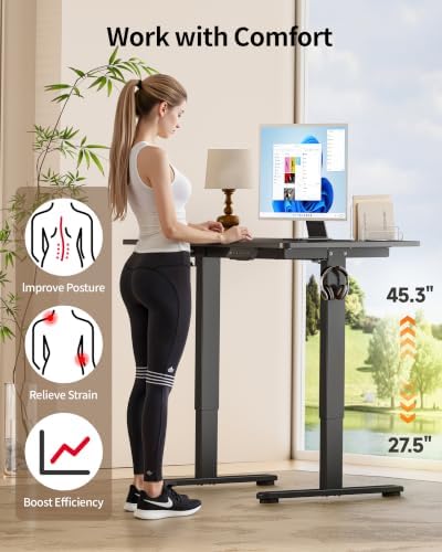 Okin Standing Desk Electric Adjustable Computer Whole Piece Stand up Desk with Wheels Office Gaming Home Office Memory Desks 48x24 inches Black