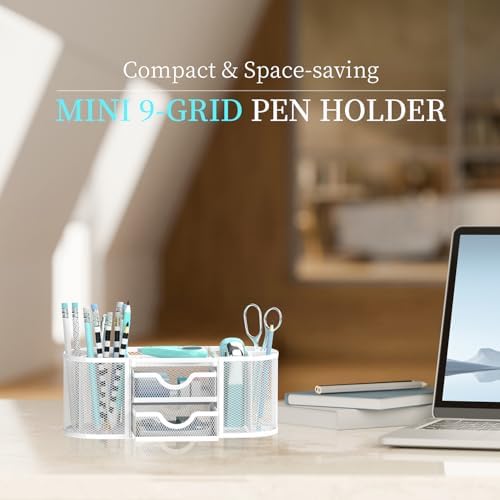 SUPEASY Mesh Desk Organizer, Pen Holder for Desk with 2 Drawers, White
