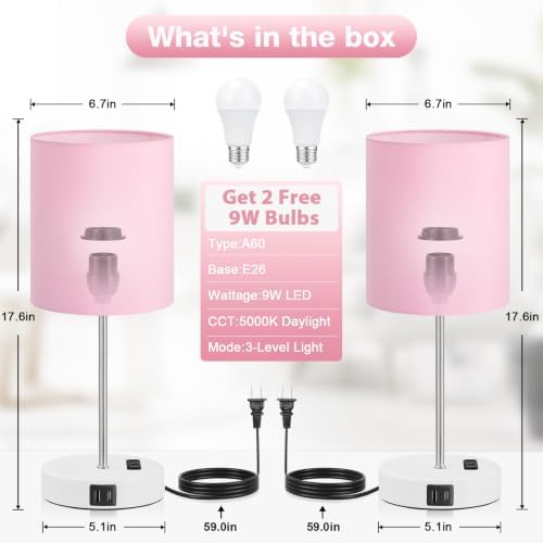 17.6" Pink Touch Lamps for Bedroom Set of 2 - Dimmable, USB C+A, AC Outlet