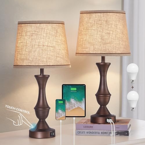 Luvkczc Touch Table Lamps Set of 2, 22" Tall Bedside Lamps with USB C+A Ports, Dimmable Table Lamp, Nightstand Lamps for Bedroom, Living Room, Office, Brown Lamps with Beige Lampshade, Bulbs Included