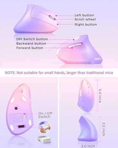 Lekvey Ergonomic Mouse, Vertical Wireless Mouse, Rechargeable, Pink Purple