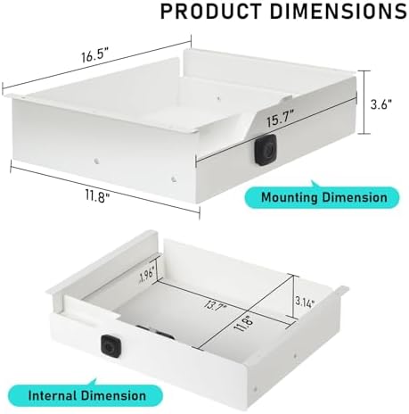 Under Desk Drawer with Biometric Fingerprint Lock, Metal Undermount Table Drawer, Slides out Tray Organizer for Paper, Pencil, and Laptop 16"x11.8"x3.6", White