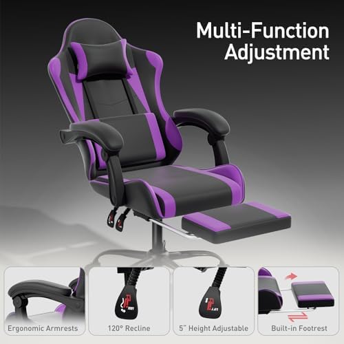 MoNiBloom Gaming Chair, Footrest & Lumbar Support, Height Adjust, Purple