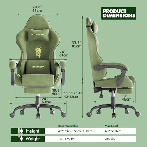 Huracan Velvet Ergonomic Office Gaming Chair for Home Use, High‑Back Reclining Computer Chair with Footrest Massage Lumbar Support, Adjustable Racing Desk Chairs for Streaming Work, Green
