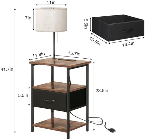 Fixwal Nightstand with Lights Bedside Table with 3 Color Temperatures Bulb, Night Stand with Charging Station End Table with Adjustable Fabric Drawer for Bedroom Dorm