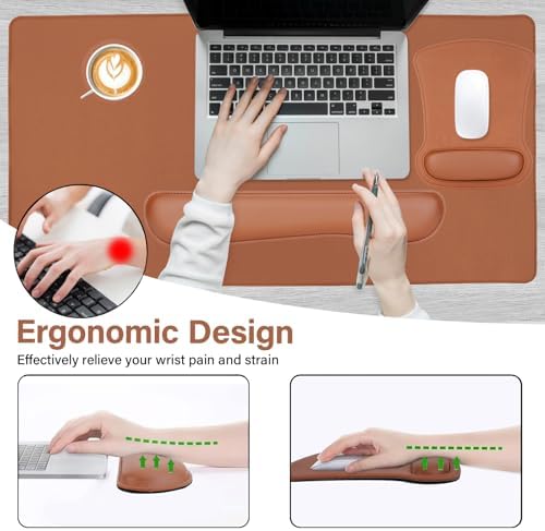 MOSISO Keyboard Mouse Pad Set, PU Leather Large Gaming Mousepad, Brown