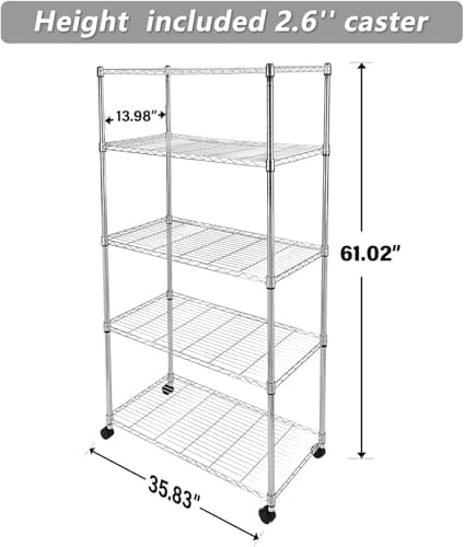 Simple Deluxe Heavy Duty 5-Tier Storage Shelving Unit, 35.83" W x 13.98" D x 61.02" H, 1250 Lbs Loading Capacity, Chrome
