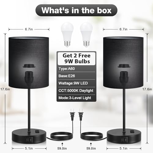 17.6" Black Touch Lamps for Bedroom Set of 2 - Dimmable, USB C+A, AC Outlet