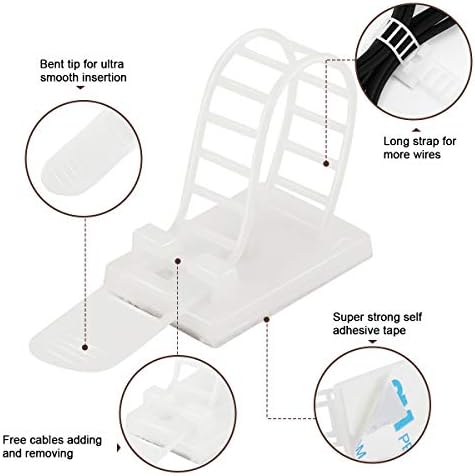 50Pcs Adhesive Cable Management Clips with 50Pcs Zip Ties, Adjustable Nylon Cable Strap Ties Wire Clips Clamps Organizer, Extra Screw & Hole - 3.55 Inch White