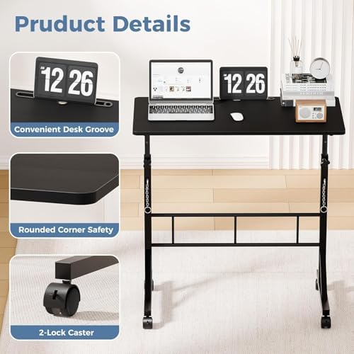 Simple Deluxe 31.5" Adjustable Height Mobile Desk with Locking Wheels & Pin-Lock – Height-Adjustable Standing Desk– Heavy-Duty Portable Workstation for Small Spaces & Home Office – Black