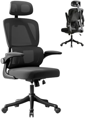 Ergonomic Office Chair with Dynamic Lumbar Support & Adjustable Headrest – High Back Desk Chair with 90° Flip-up Arms, Comfort Mesh Computer Chair for Home Office Long Hours Sitting, Black