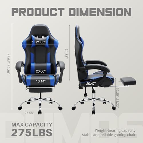 NEWBULIG Gaming Chair with Footrest – Ergonomic High-Back with Lumbar & Headrest Support, Comfy PU Leather Recliner with Linkage Armrests, Adjustable Height, 360° Swivel, Blue