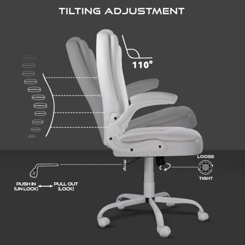 Ergonomic Office Chair with Flip-up Armrests, Big and Tall Leather Executive Office Chair, High Back Lumbar Support Home Computer Desk Chair, Heavy and Duty Computer Chair (White)