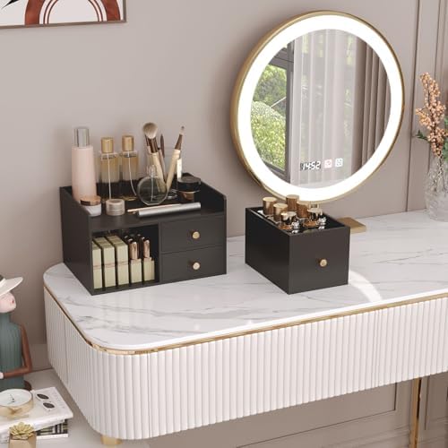 Bamboo Desk Organizer with Drawers,Wooden Desktop Storage (Black,3 Drawers)