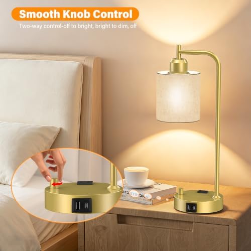 SIBRILLE Industrial Table Lamps with Linen Shade, Set of 2 Fully Dimmable Bedside Lamps with USB A+C Ports and Outlet, Gold Nightstand Desk Lamps for Bedrooms Living Room Office, 2 LED Bulbs Included