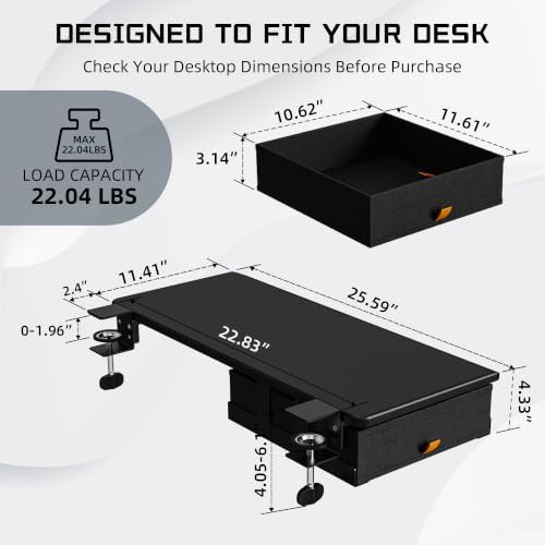 ETHU Desk Extender Tray with Storage Drawer, 25.6x11.4, Black