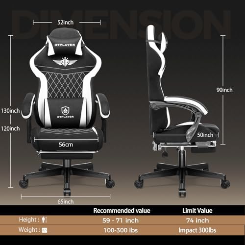 GTPLAYER Gaming Chair with Footrest, Big and Tall Game Chair High Back Computer Office Chair with Lumbar Support for Adults, Ergonomic Swivel Games Chair with Cushion Gaming, Fabric Black
