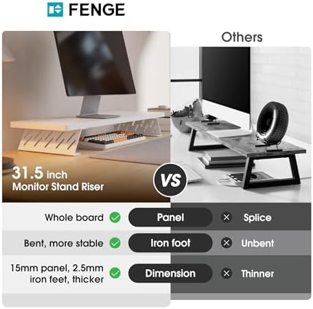 Fenge Monitor Stand Riser, Wooden & Metal Desk Shelf Organizer, White
