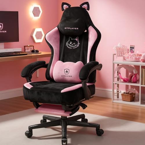 GTPOFFICE Cute Gaming Chair with Cat Ears,Ergonomic Computer Chair with Footrest Cat Paw Lumbar Support Comfortable Reclining Game Chair Desk Chair for Adult Teens, Soft Fabric, Pink Black