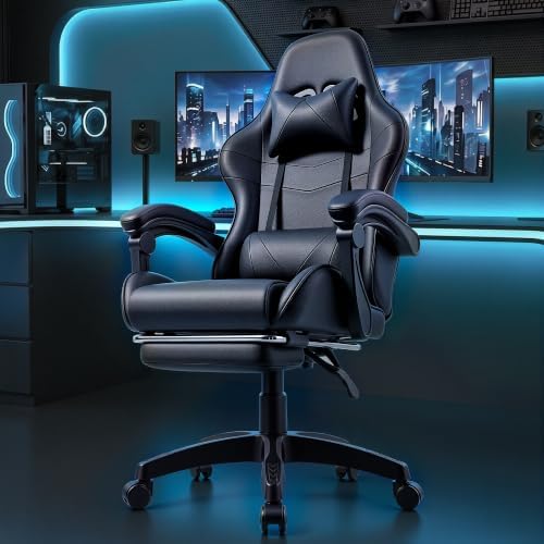 J.M.-Deco Black Gaming and Office Chair-Big and Tall Ergonomic Comfy Desk Chair with Lumbar Support and Foot Rest
