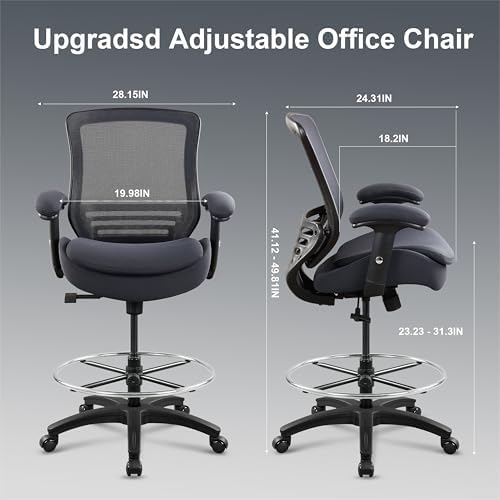 400lbs Office Drafting Chair Wide Dual Seat Cushion Height Adjustable Armrest for High Standing Desk with Lumbar Support and Enlarged Adjustable Footrest (Black Frame Gray Fabric)