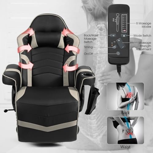 GYMAX Gaming Chair with Footrest, Massage Video Game Chairs for Adults with Remote, Adjustable Backrest, Headrest, Cup Holder & Side Pocket, Ergonomic High Back Office Computer Chair (Grey)