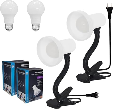 Xtricity LED Clip on Desk Lamp with 360° Flexible Gooseneck, Reading Light for Bed Headboard– A19 Bulb Included, 120V, On/Off Switch, 10.25” Height Table Lamp with White Finish (2 Pack)