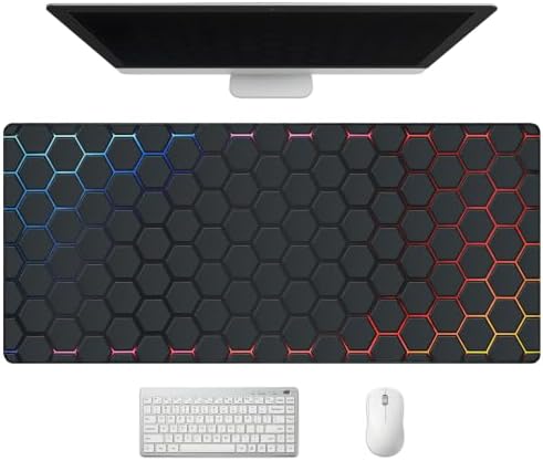 Extended Honeycomb Technology Desk Mat, XXL Large Gaming Mouse Pad, Neon-Inlaid Hexagons Stitched Edges Waterproof Non-Slip Rubber Base for Computer Keyboard Laptop Work Home Office 35.4"x15.7"