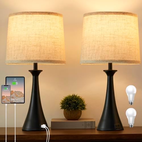 Touch Table Lamps Set of 2, 21" Bedside Lamps with USB C+A, Black