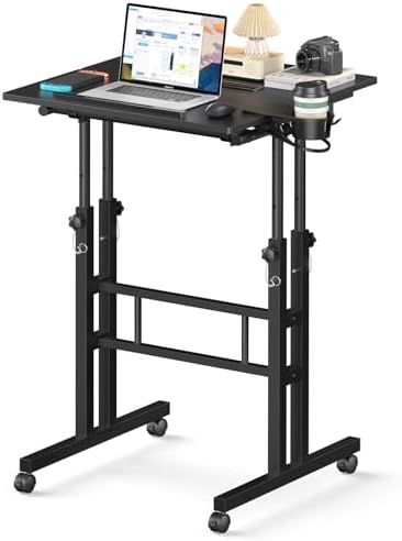 Enayplon Small Standing Desk with Wheels, Mobile Stand Up Desk, Portable Standing Table on Wheels for Walking Pad, Rolling Computer Desk Adjustable Height, Tall Table