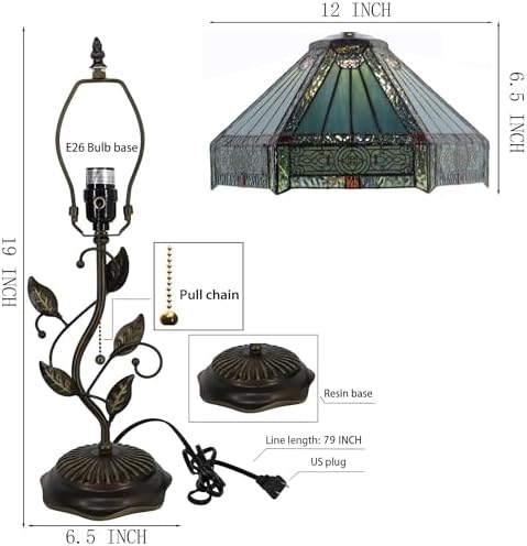 Tiffany Table Lamp, Stained Glass Desk Light, W12H19 Inch, Metal Leaf Base (Mission Style)