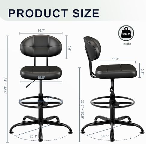 Misolant Armless Drafting Chair, Tall Office Chair no Wheels with Footrest Ring for Standing Desk, Small Faux Leather Executive Chair with Adjustable Height for Bar Counter Desk Black