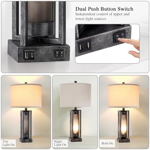 Set of 2 Industrial Table Lamps for Living Room with USB C+A