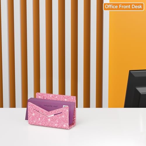 Beego Envelope and Mail Organizer Countertop - Glitter Pink Acrylic Desk Organizer Letter Holder Desktop File Sorter Bill Document Folder Rack for Office, Home, School Desk Organization