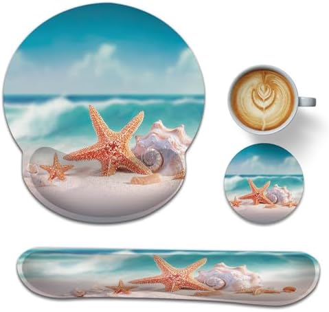 Starfish Wrist Rest Support for Mouse Pad Keyboard Set, Shell Beach Mouse Pad with Non Slip Rubber Base for Home and Office Typing Support