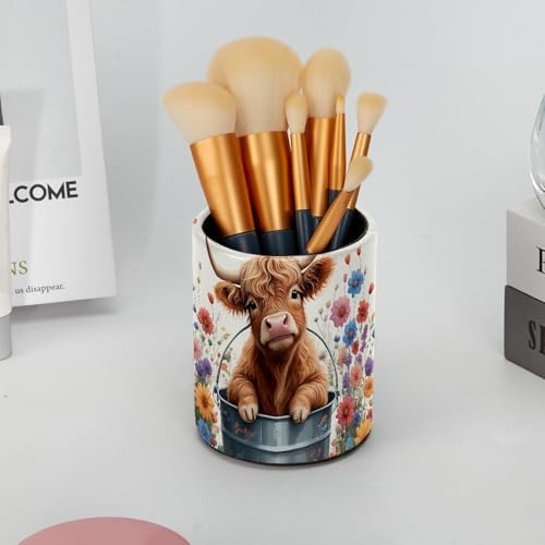 Highland Cow Floral Pen Holder Pencil Organizer Cute Pencil Cup Desk Decor Makeup Brush Holder PU Multifunctional Office Supplies for Home Classroom School