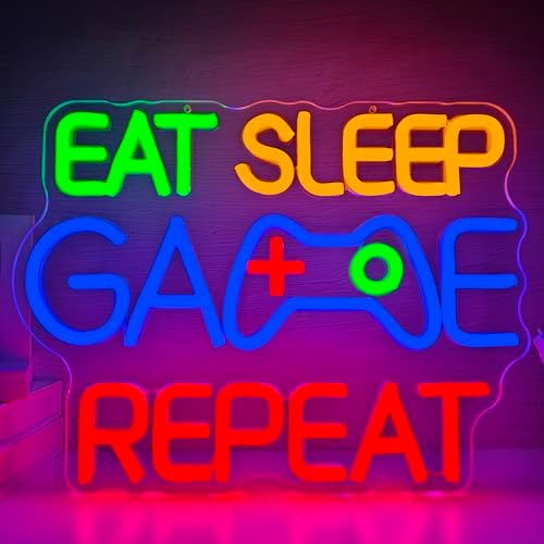 Eat Sleep Game Repeat Neon Sign Gaming LED Sign for Boys Room USB Powered Light Up Gamer Sign Decor for Man Cave Bar Bedroom Gaming Room Neon Wall Art for Men Gifts for Boys