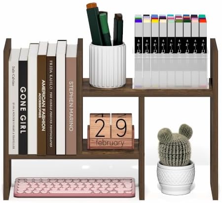 Furinno Classic Desk Organizer, Adjustable Desk Top Book Shelf, Amber Pine